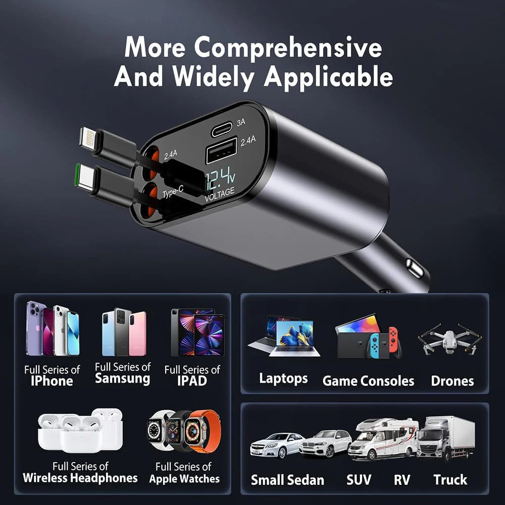 New 4 in 1 Retractable cable 2 Type C and iPhone Fast Charging Car Phone Charger 120W