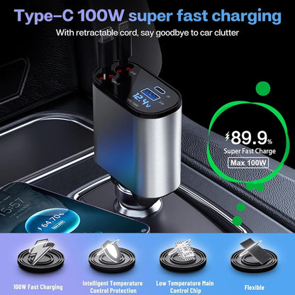 New 4 in 1 Retractable cable 2 Type C and iPhone Fast Charging Car Phone Charger 120W