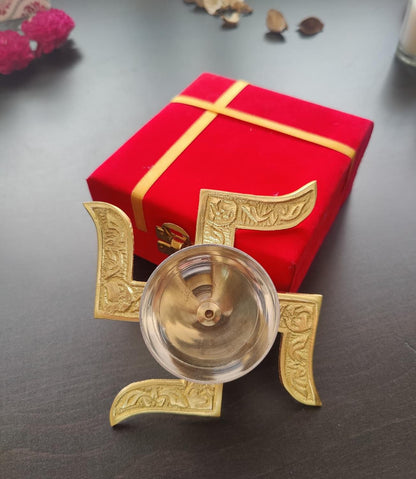Swastik Brass Diya with Velvet Gift Box