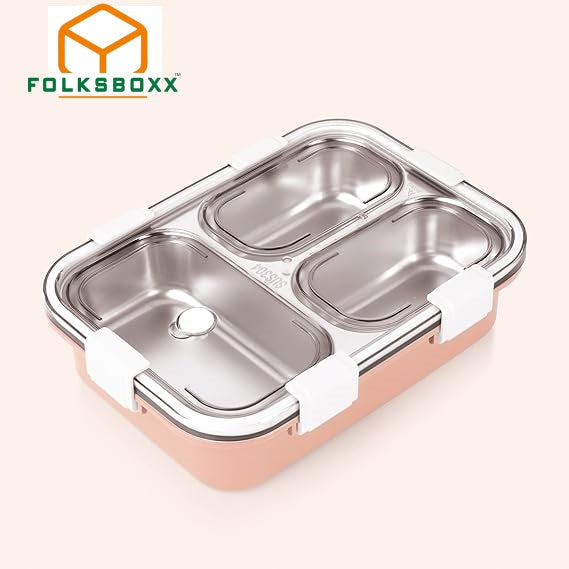 FOLKSBOXX 3/4 Compartment Stainless Steel Lunch Box with Steel Cutlery Inside, Heating & Water Insulation Design Use for Office, School & Travelling, 750 Ml
