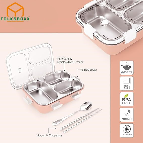 FOLKSBOXX 3/4 Compartment Stainless Steel Lunch Box with Steel Cutlery Inside, Heating & Water Insulation Design Use for Office, School & Travelling, 750 Ml