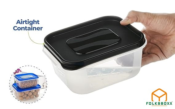 FolksBoxx Air Tight Unbreakable Rectangular Shape Kitchen Storage Container,Grocery Container,Fridge Container Set Of 3(700ml,1400ml,2400ml,Black)