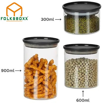 FolksBoxx Plastic Containers Set For Kitchen Airtight Container Set Of 3, 900 ML, 600 ML, 300 ML Unbreakable