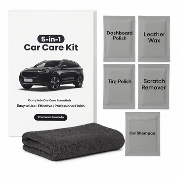 PACK OF TWO(2) Complete Car Care Single Use 6-in-1 Kit – Dashboard Polish, Tire Polish, Leather Wax, Scratch Remover, Car Shampoo, 600 GSM Super Soft Dual Side Microfiber Cloth